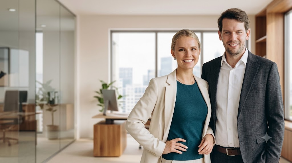 Kate Bochkareva Pazitka and Marek Pazitka standing together in a bright office in Sydney